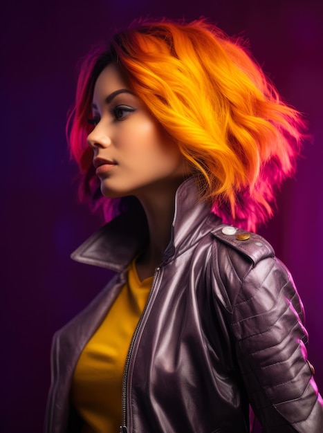 Studio closeup of a young woman with a colorful wavy hair and a yellow jacket posing for the camera