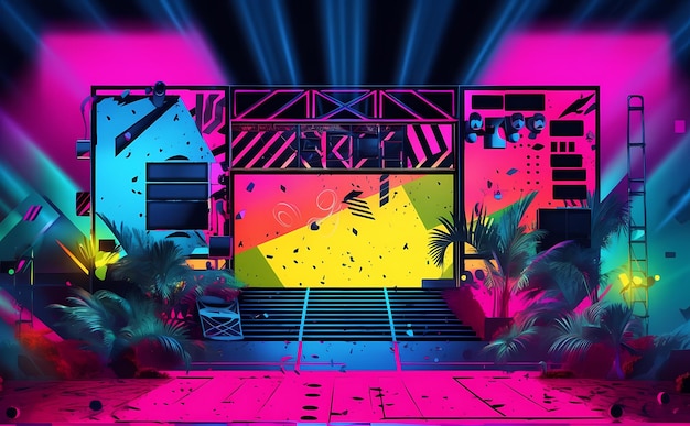 studio club concert stage surreal vibrant retrofuturistic interior space 90s Y2K synth wave style