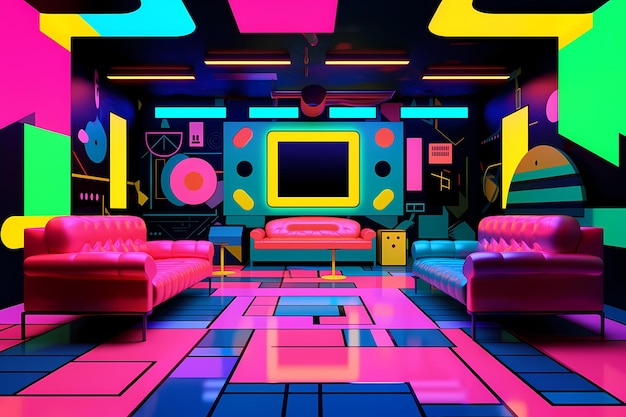 studio club concert stage surreal vibrant retrofuturistic interior space 90s Y2K synth wave style