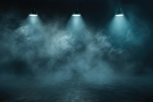 Foto sala buia in studio con illuminazione spot e nebbia a consistenza grunge
