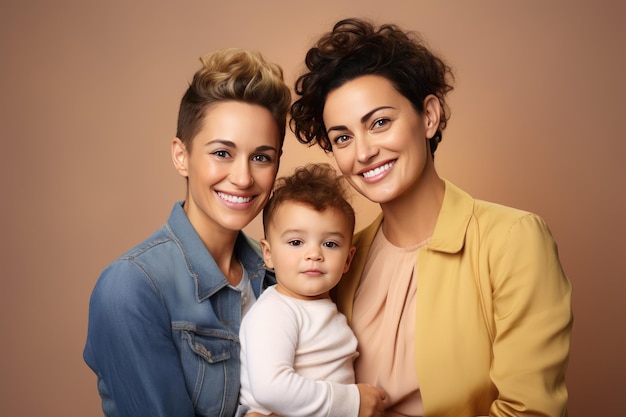 Studio familieportret met twee moeders en een kind LGBTQ non-binary koppel met een kind Tolerantie diversiteit concept