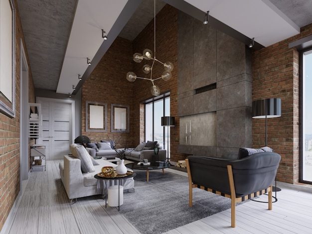 Studio flat with brick wall and fireplace and modern furniture. 3d rendering