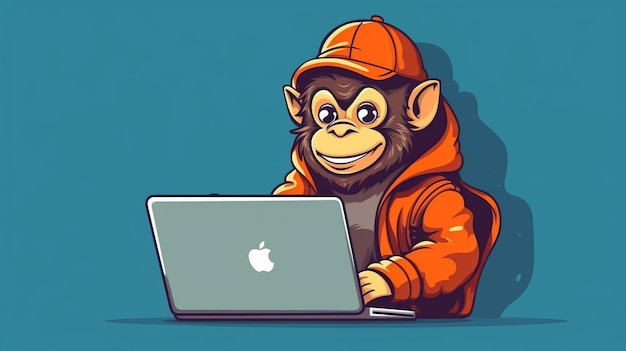 Studio foto portret van een gelukkige aap in kleren met een laptop. AI generatief.