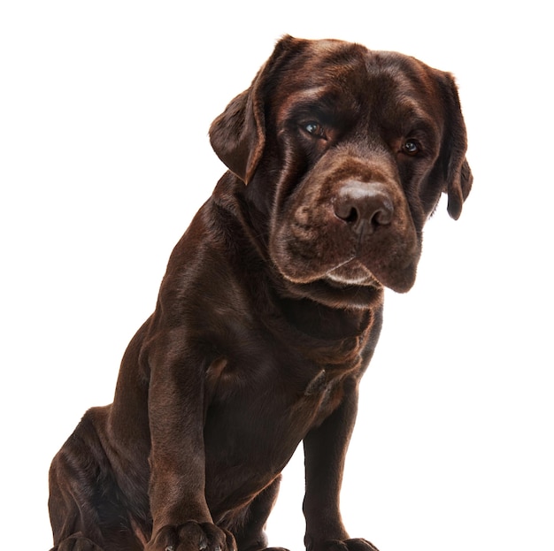 Studio foto van mooie bruine Labrador hond poseren camera kijken over witte studio achtergrond Concept van huisdieren huisdier zorg