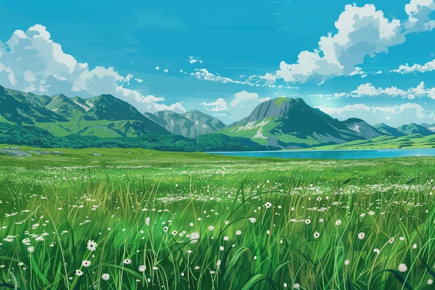 Studio Ghibli geïnspireerd natuur landschap met grasveld bergen en wolken tijdens de ochtend