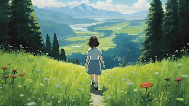 Художественное произведение, вдохновленное студией Ghibli, с изображением девушки