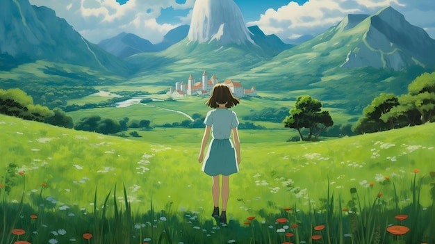 Художественное произведение, вдохновленное студией Ghibli, с изображением девушки