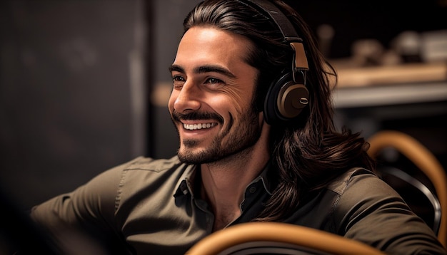 In the studio a handsome male technician with long hair smiles while sitting on a chair with headphones AI Generative