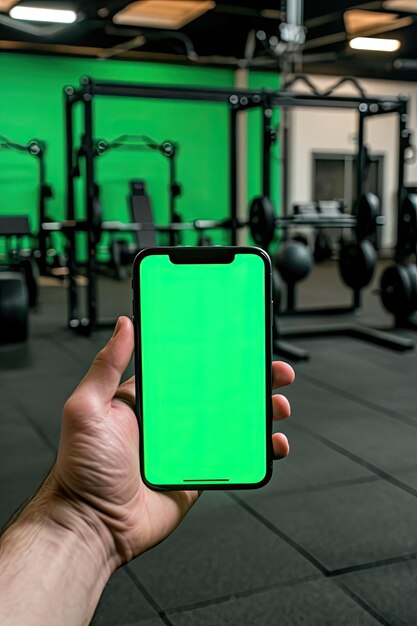 A Studio image of a Hand holding a cell phone with a powerlifting gym in the background the cell phone screen is green and is facing the camera ar 23 v 6 Job ID 7e0add3f2d61465582f2151b48293d1e
