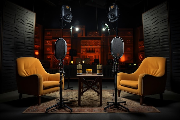 Studio-interieur voor podcast en interview met twee stoelen