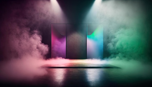 Studio leeg podium achtergrond met kleurrijke neon spot lichtstraal glans op rook Generatieve Ai