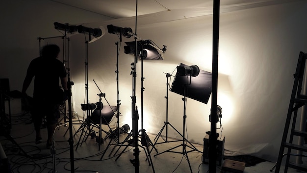 Studio lighting setup for photo shooting production with many equipment such as softbox backdrop paper white reflect foam and many more
