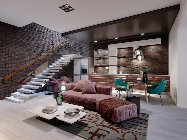 Studio loft design with staircase and dark brick wall