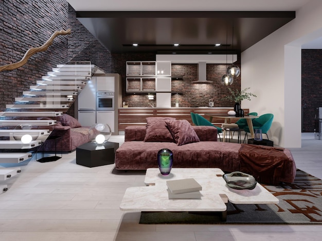 Studio loft design with staircase and dark brick wall