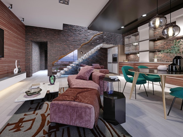 Studio loft-ontwerp met trap en donkere bakstenen muur