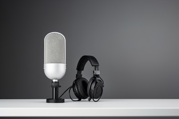회색 배경의 테이블 위에 있는 스튜디오 금속 마이크와 헤드폰 국제 팟캐스트 데이 라디오