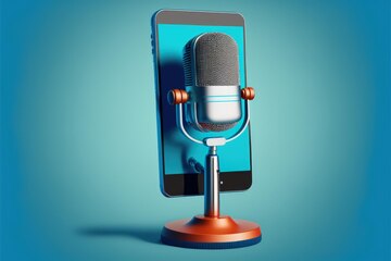 Aardbei Altaar slim Studio microfoon op mobiele telefoon scherm podcast concept blauwe  achtergrond generatieve ai | Premium Foto