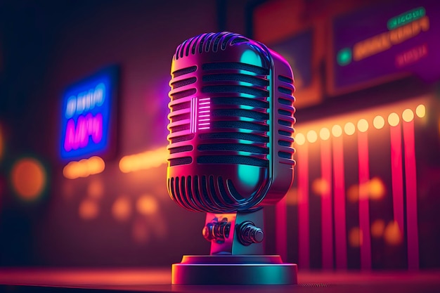 Studio Microphone background with neon ligths AIGenerated