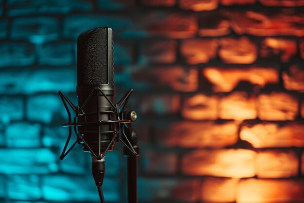 studio microphone gradient color brick wall in the