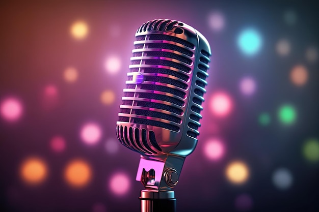 Studio microphone illustration blurred background with colorful neon lights Generative AI