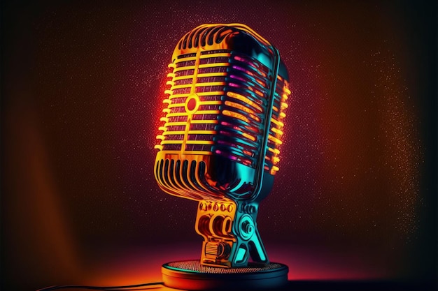 Studio microphone illustration for podcast, background with neon lights. Generative AI