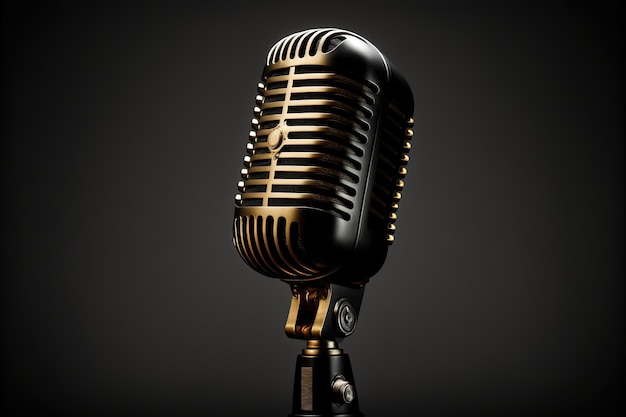 Studio microphone illustration for podcast, black background. Generative AI