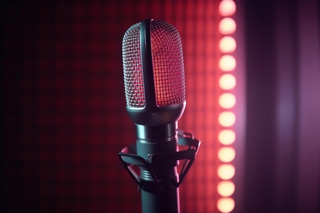 Studio microphone in neon lights sound recording equipment