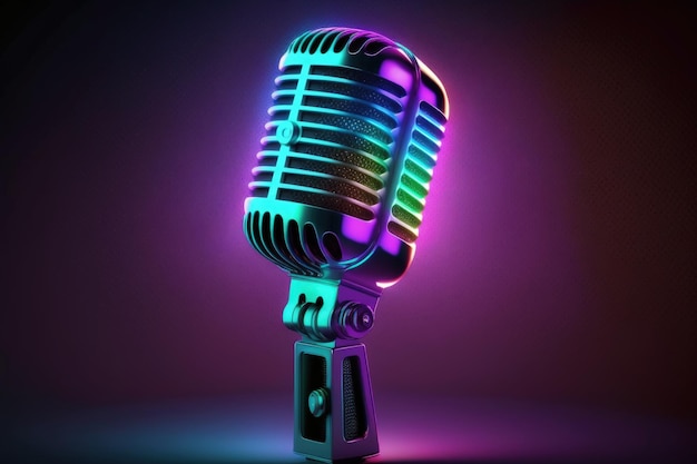 Studio microphone podcast neon light background Generative AI