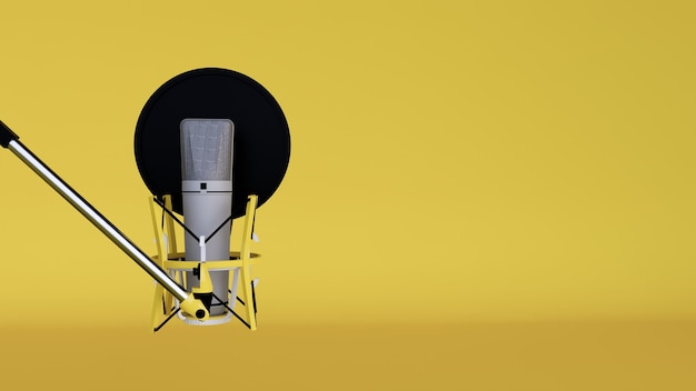 Studio microphone and pop shield on mic in the empty recording studio with yellow background