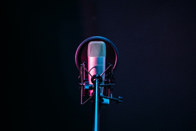 Photo studio microphone and pop shield on mic in the empty recording studio