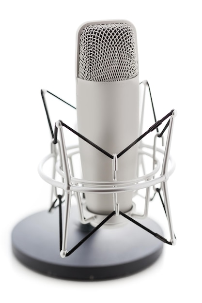 Studio microphone for recording podcasts on a white background.