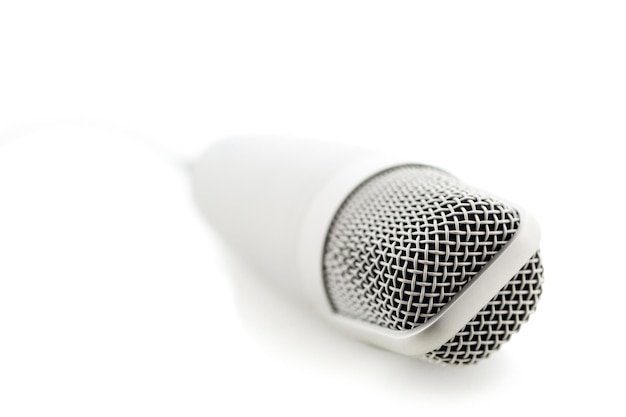 Photo studio microphone for recording podcasts on a white background.