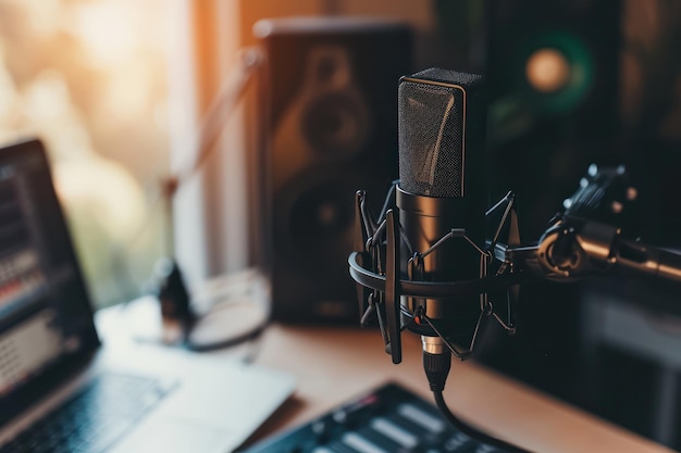 Foto impostazione del microfono in studio con laptop e altoparlanti in luce diurna calda in un ambiente di registrazione domestica