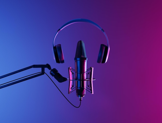 Photo studio microphone with headphones and neon lighting