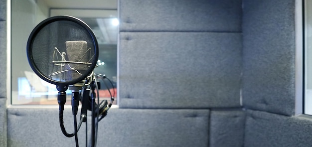 Studio microphone with shock mount and pop filter on professional tripod in acoustic foam room