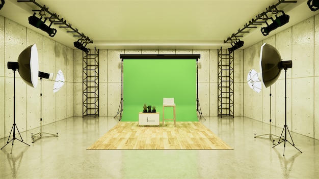 Studio - modern film studio with white screen. 3d\
rendering