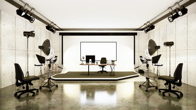 Foto studio - studio cinematografico moderno con schermo bianco. rendering 3d