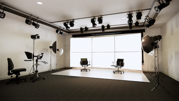 Studio - Moderne filmstudio met wit scherm. 3D-weergave