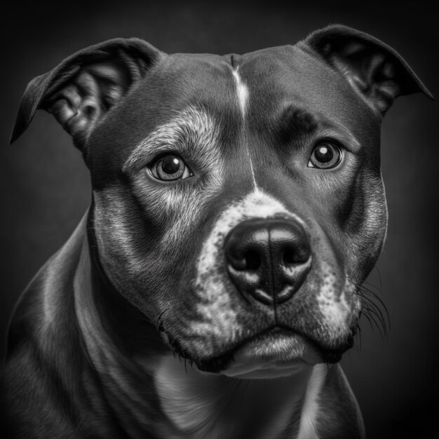 Studio-opname met schattig Staffordshire Bull Terrier-hondenportret met de nieuwsgierigheid en onschuldige blik als concept van een modern gelukkig huisdier in verrukkelijk hyperrealistisch detail door Generative AI