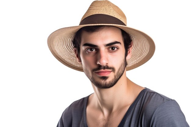 Studio opname van een jonge man met een brede rand hoed geïsoleerd op wit