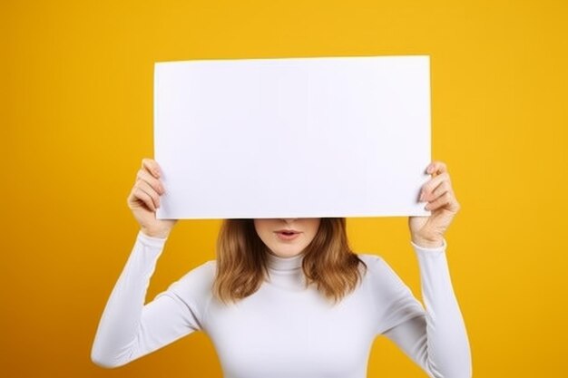 studio opname van een jonge vrouw met een grote witte pagina over haar gezicht tegen een heldere kleur achtergrond