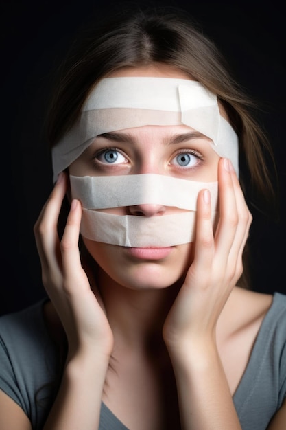 Foto studio-opname van een jonge vrouw met haar mond en ogen bedekt met verband tegen een grijze achtergrond