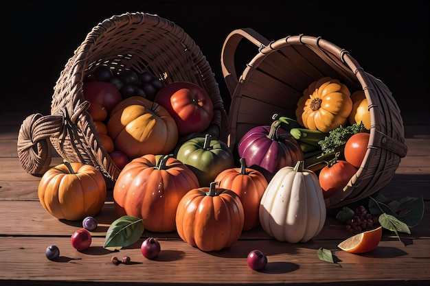秋の収穫野菜が入ったバスケットのスタジオ写真
