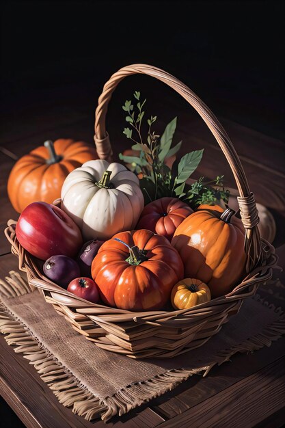 秋の収穫野菜が入ったバスケットのスタジオ写真