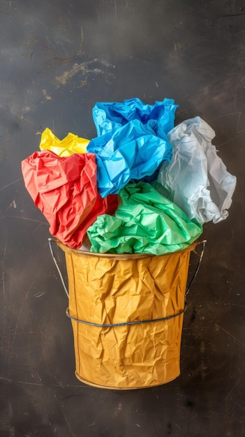 Studio photo of crumpled papers of various colors inside a waste paper basket