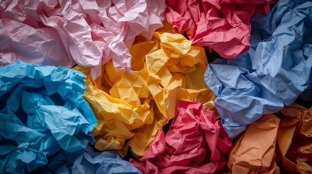 Studio photo of crumpled papers of various colors inside a waste paper basket