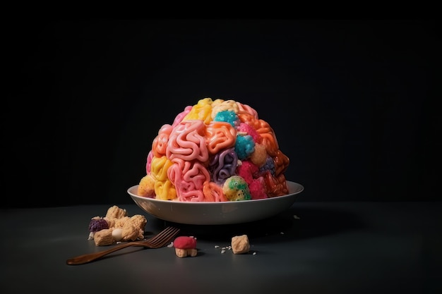 Studio photo of a human brain made of sweets concept of Brain Model and Food Art Generative ai