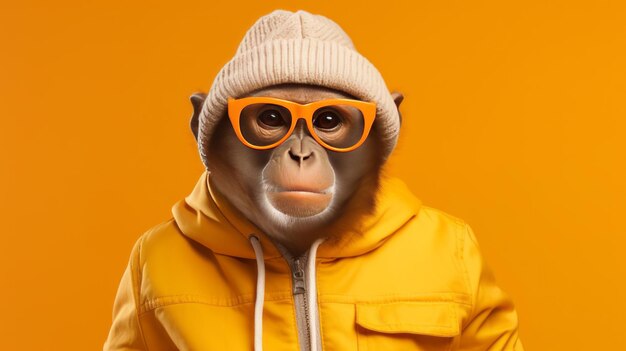 Studio photo portrait of a happy monkey in clothes with a laptop AI generative