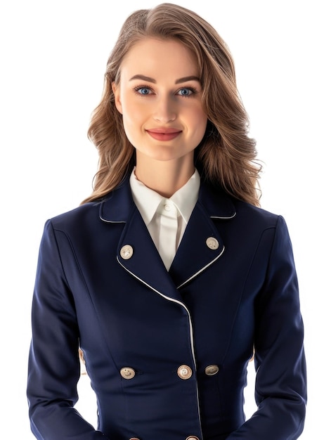 studio photo of stewardess in white background