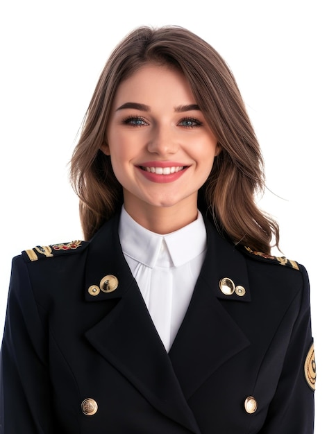 studio photo of stewardess in white background